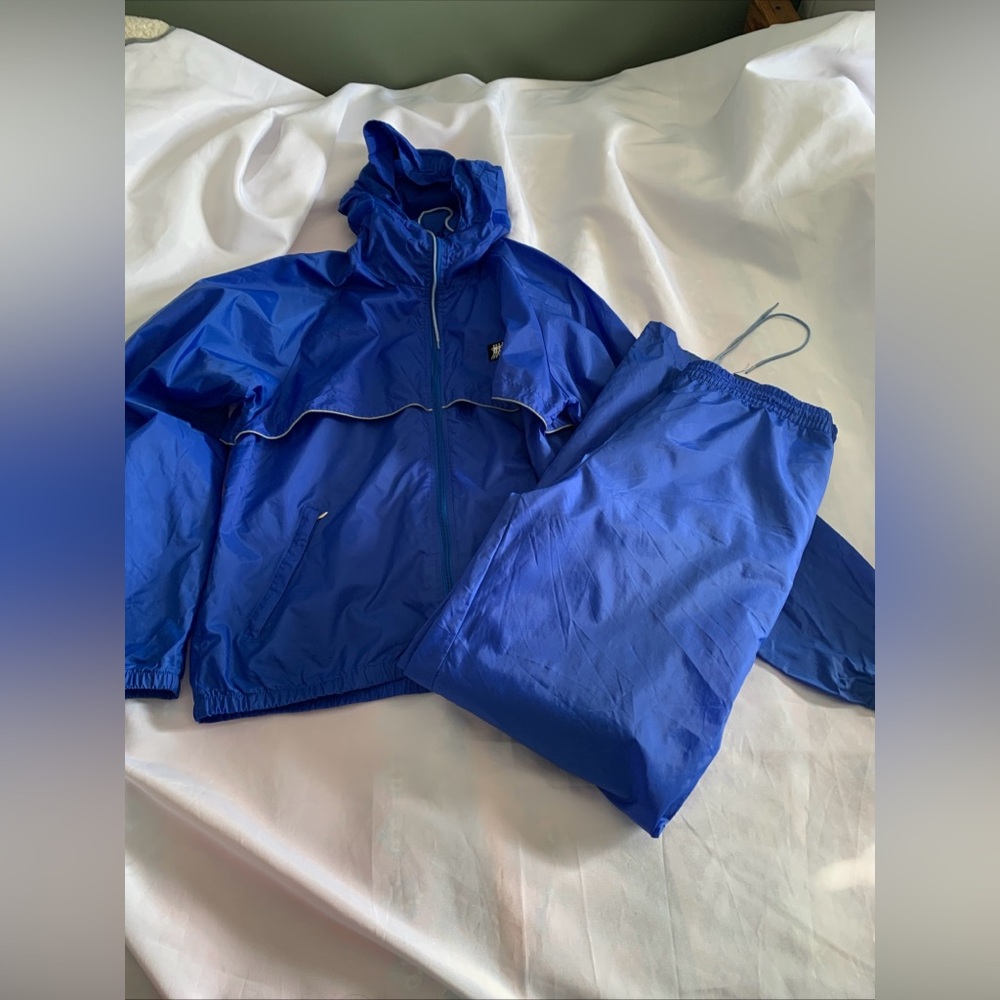 Frank Shorter 2-Piece Blue Nylon Windbreaker Rain Jacket Pants Set Men’s Large